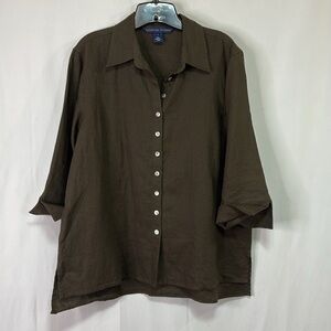 🥥 Catherine Stewart, brown linen three-quarter length sleeve  blouse
